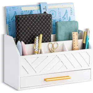 white  Desk Organizer and Accessories with Drawer, Bill Mail Organizer and File Mail Holder for Office Supplies, Modern Desk Accessories & Workspace Organizers for Desk Organization