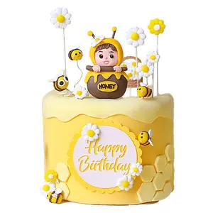 11PCS Bumble Bee Cake Toppers Honeycomb Flower Cupcake Picks Gender Reveal Cake Decorations for Boys Girls Birthday Party Supplies