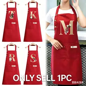 1 PC Golden flower letter red apron waterproof apron with adjustable shoulder straps and large pockets, professional Kitchen Apron for cooking, gardening, painting, baking, restaurants, essential for holidays - Christmas - Halloween
