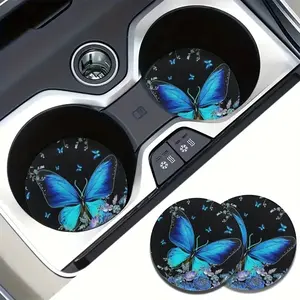 Blue Butterfly Car Coasters Absorbent Ceramic Cup Holder Mats 2.56 Inch Anti Slip Automobile Beverage Pad 2 Pack Fit Most Vehicle SUV Truck Interior Accents