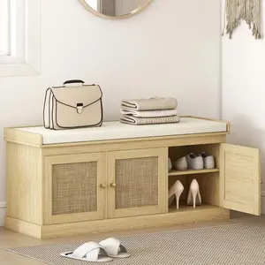 Shoe Storage Bench with Woven Rattan Doors, Shoe Bench with Cushion, Adjustable Shelves, Entryway Bench, Oak Tone