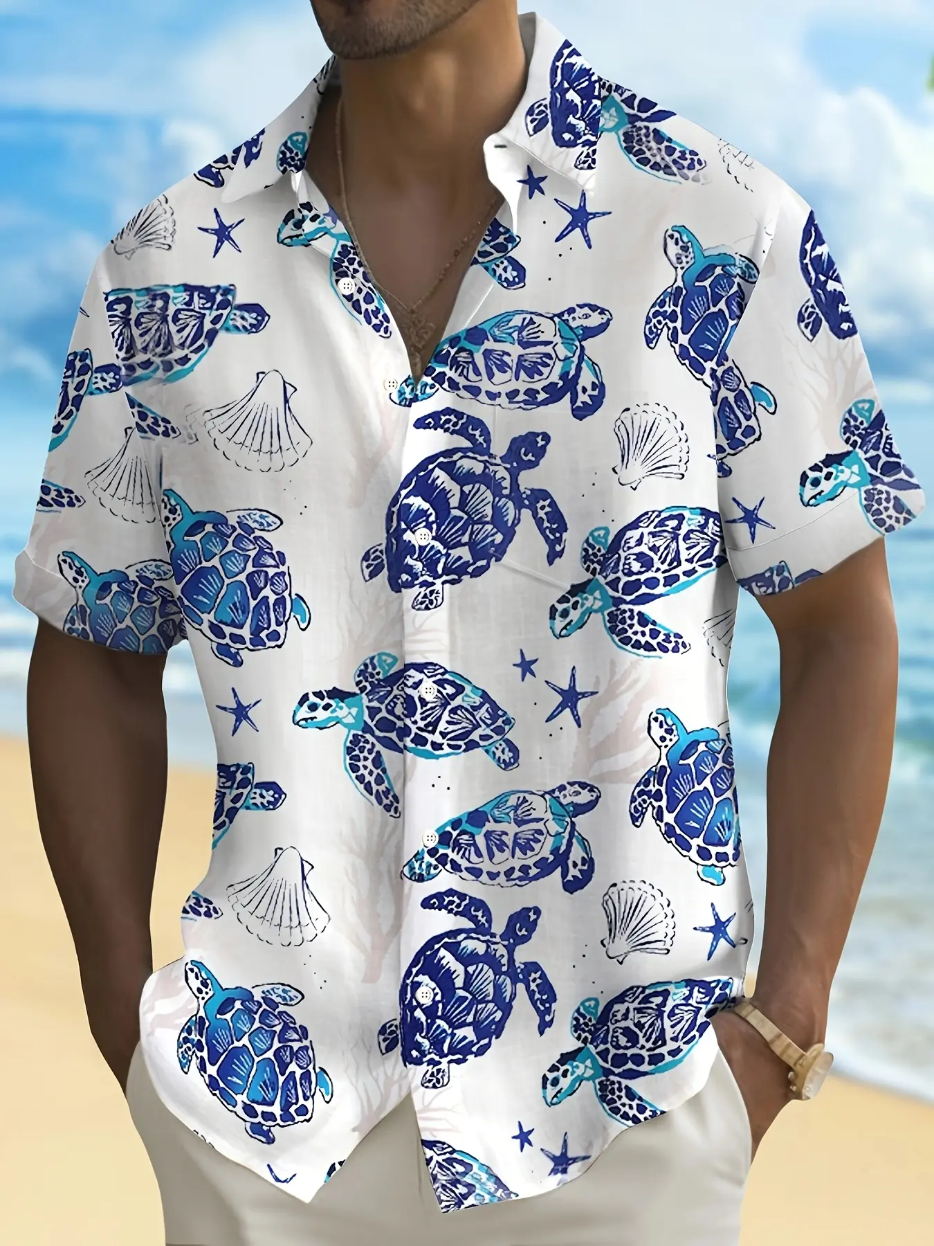 Men's Turtle Shell Beachwear Beachy Shirt Embroidered Tropical Hawaiian Button Shirt
