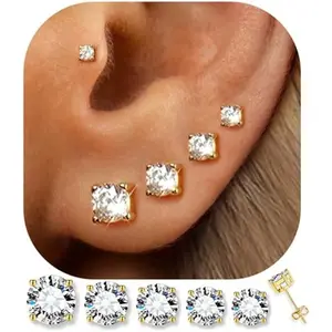 5 Pairs 14K Gold Plated Stud Earrings for Women, Hypoallergenic Earring Sets for Multiple Piercing, Premium Cubic Zirconia Studs Earrings for Women
