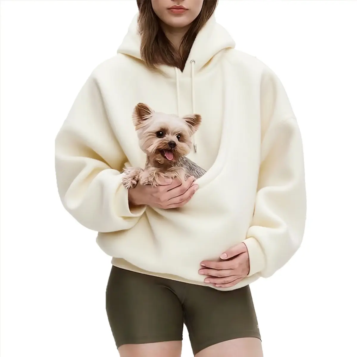 Women's Solid Color Hooded Plush Oversized Pullover Sweatshirt, Pet Pocket Spliced High Neck Casual Korean Japanese Style Hoodie