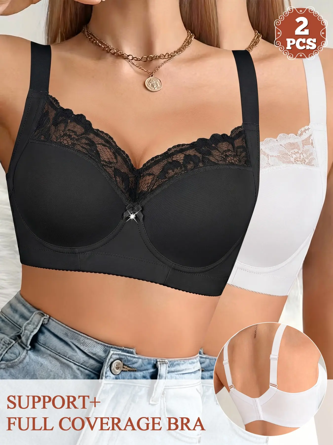 2PCS Women's Elegant Lace Underwire Push Up Fit Bra, Lace Bow Bra, Full Coverage Anti-Sagging Comfort Bra Side & Tummy Smoothing Wide Adjustable Straps Soft for Daily Wear