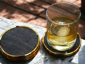 4" Wood Coasters with Brass Trim. Brass Coaster Holder included. (Set of 4)