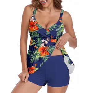 Women's Two Piece Tummy Control Tankini Swimsuits with Boyshort Tankini Set Long Torso Bathing Suits Floral Tankinis cold wash blue cold wash orange