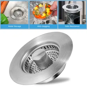 SUS304 3 in 1 Kitchen Sink Drain Strainer with Upgraded Drain Stopper, Easy-to-Operate One-Button Water Storage & Drainage, and Food Residue Basket