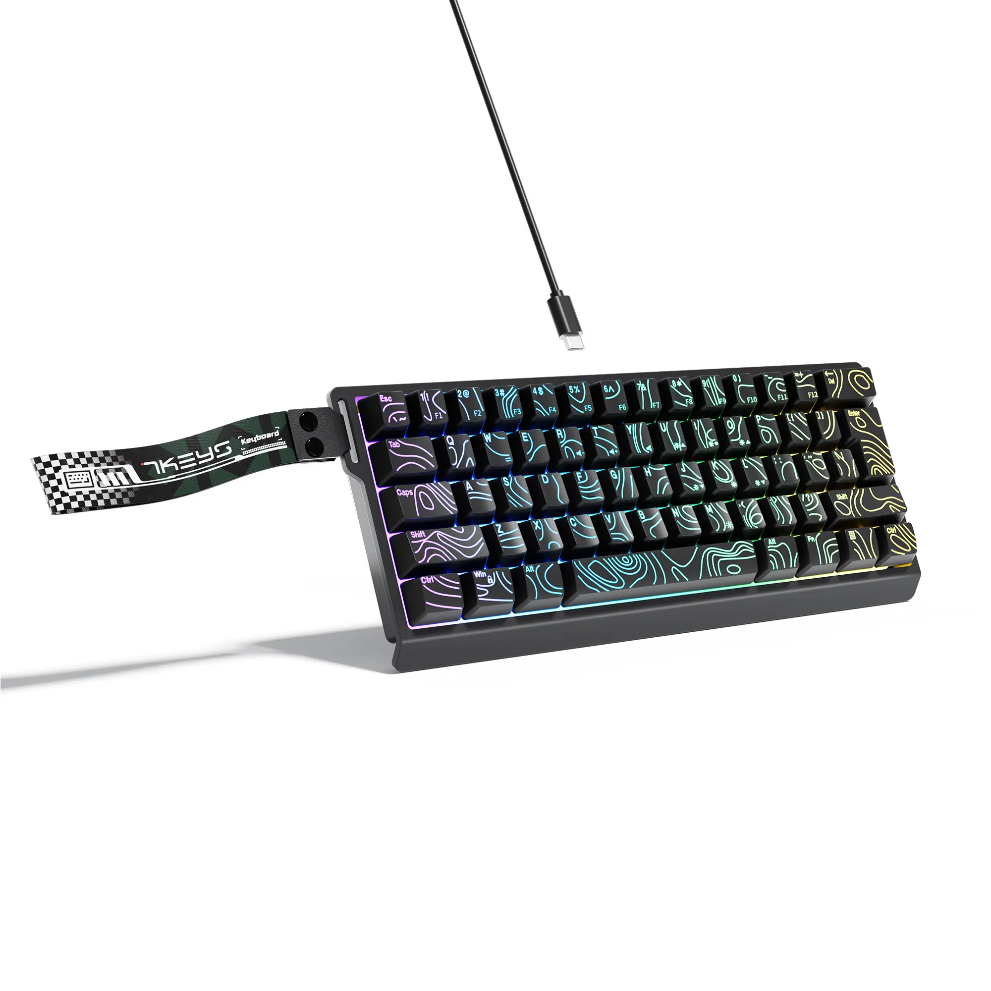 7KEYS 60% Wired RGB Gaming Keyboard, 61-Key Compact Keyboard with Transparent Topographic Keycaps, Built-in Lanyard, 25-Key Anti-Ghosting, 8 RGB Modes, Compatible with Windows, Mac, Linux, PS5, Xbox Series X/S & Nintendo Switch