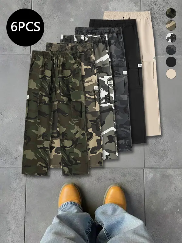 Men’s autumn camouflage baggy wide-leg sweatpants, baggy straight-leg pants, multi-pocket cargo pants, trendy printed casual athletic long pants