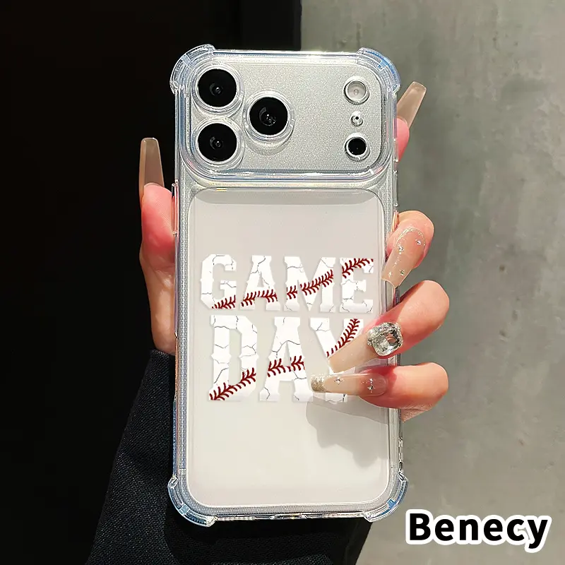 Four-Corner Phone Case for iPhone 16/17/13/14/15/12/11 Pro Max Plus Air E Baseball - themed Name Stitch - inspired Word Cracked Game Day Pattern, Anti-drop, Durable, Total Protective, Shockproof, Transparent Cover Casing