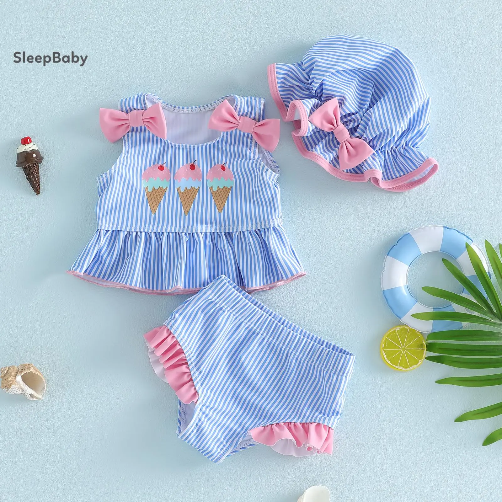 Toddler Girls 3-Piece Tankini Swimsuit Set with Cute Ice Cream Print Top, Striped Shorts & Sun Hat for Summer Beach Wear, Printed Swimsuit, Toddler Bathing Suits, Girls Swimwear, Brief, Swimsuit Costume Set, Tank Top