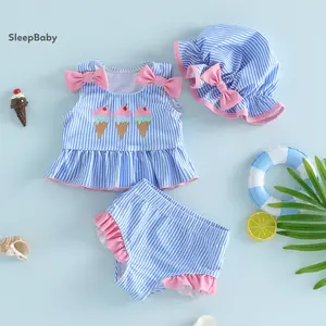 Baby Girls Bikini Set, Ice Cream Print Tank Top with Striped Shorts and Hat Swimsuit for Summer Beach Bathing