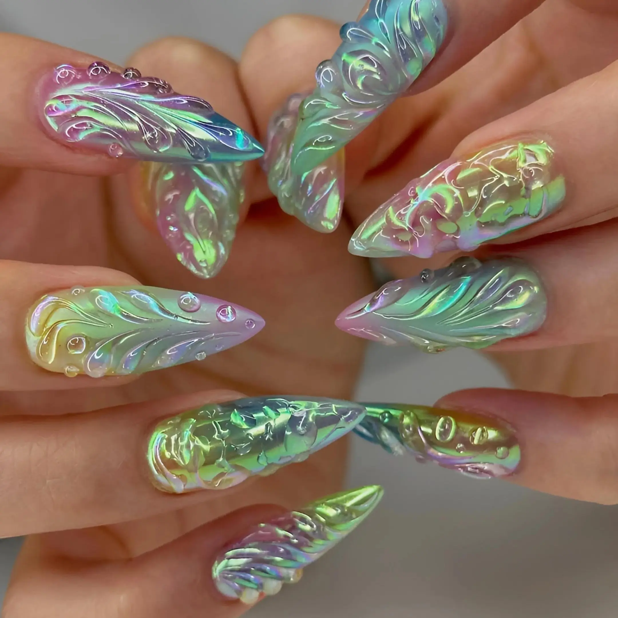 3D Aurora Press On Nails | Iridescent Unicorn Horn Feather Art, Kawaii Mermaid Stiletto