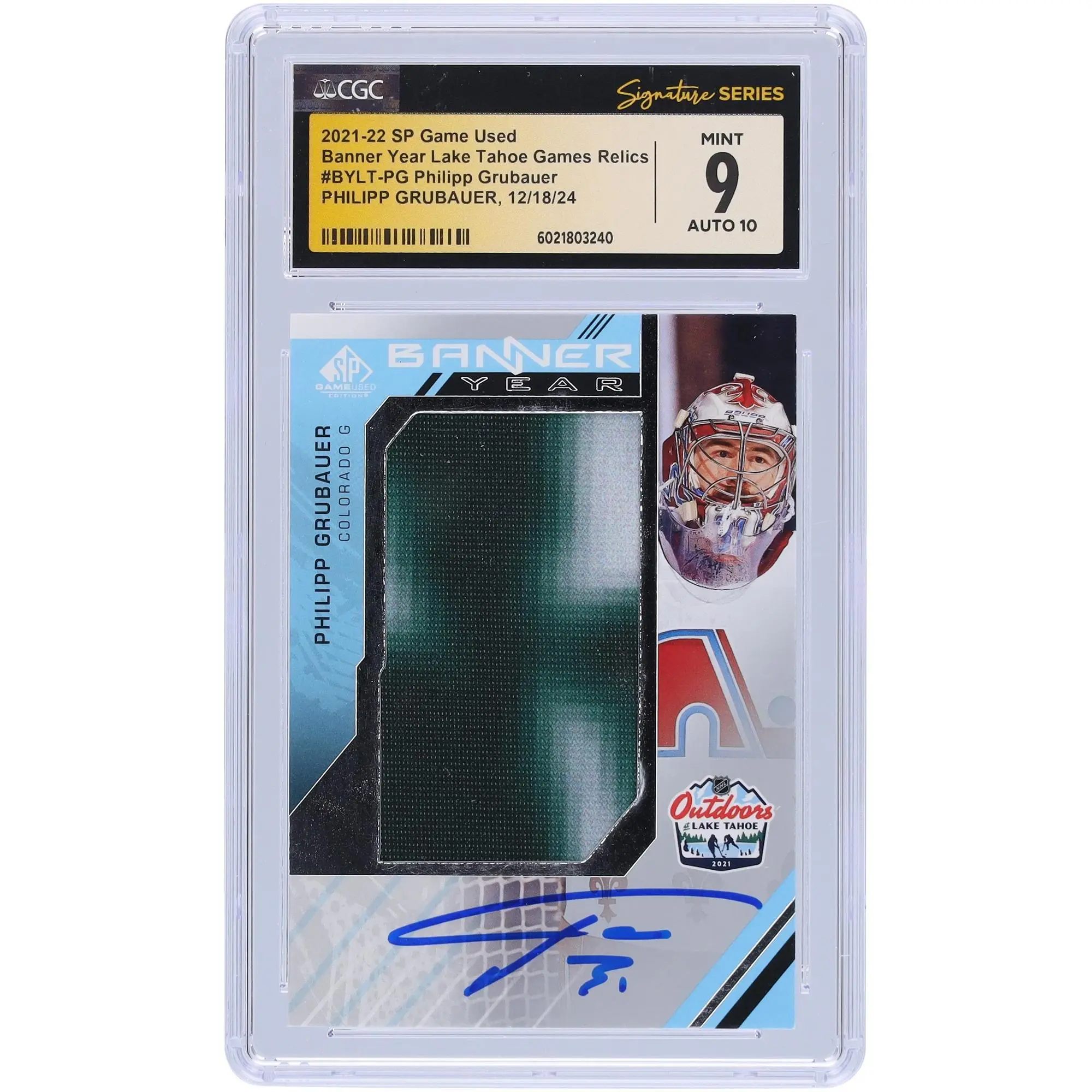 Philipp Grubauer Colorado Avalanche Autographed 2021-22 Upper Deck SP Game Used 2 Color Banner Year Lake Tahoe Games Relics #BYLT-PG CGC Fanatics Witnessed Authenticated 9/10 Card - Fanatics Authentic Certified