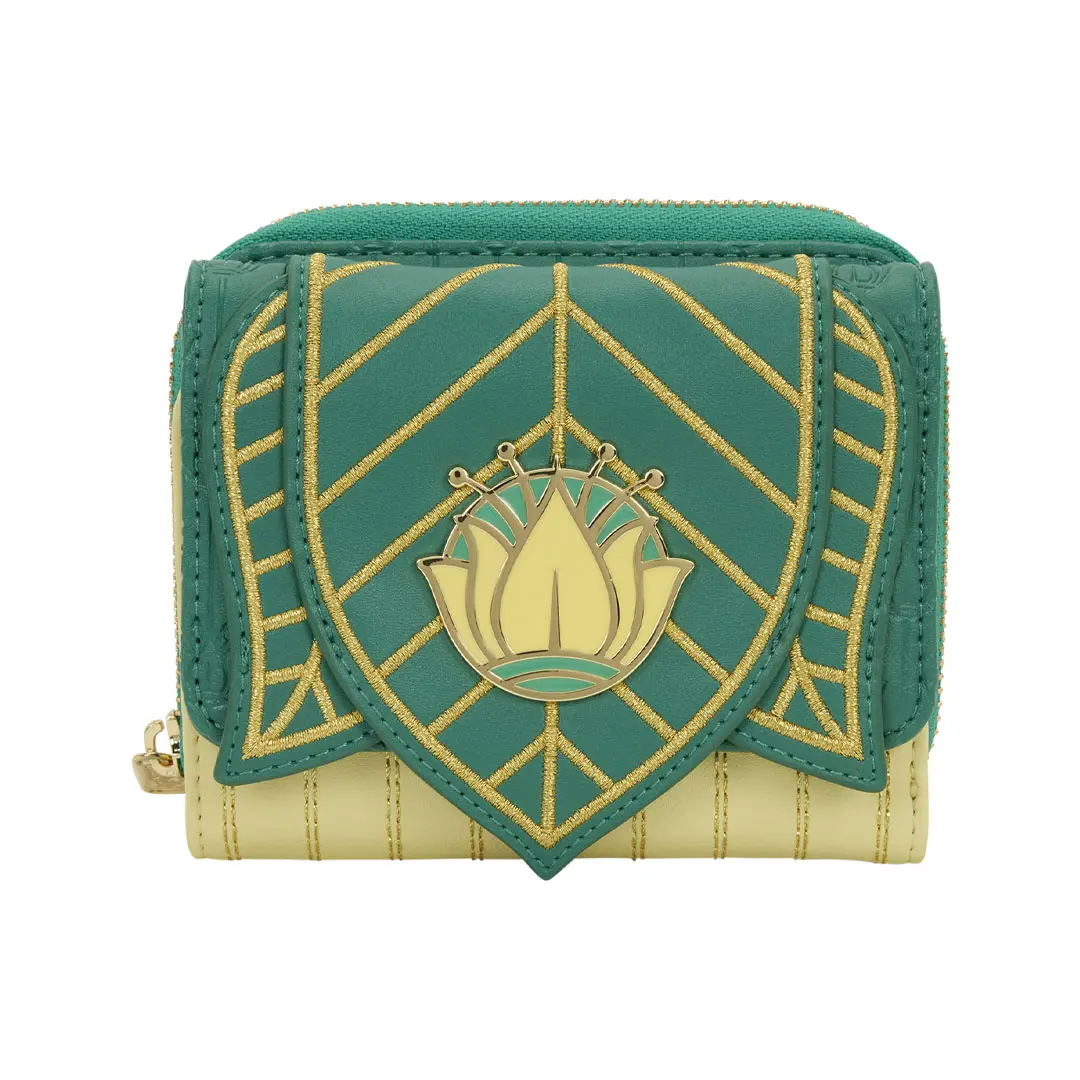Women's Stylish Wallet - Faux Leather Trifold with Tiana Cartoon Motif, Metallic Embroidery, Enamel-Fill Rivet, Gold Princess Gown Design, Flap, Credit Card Storage, Everyday Carry Accessory
