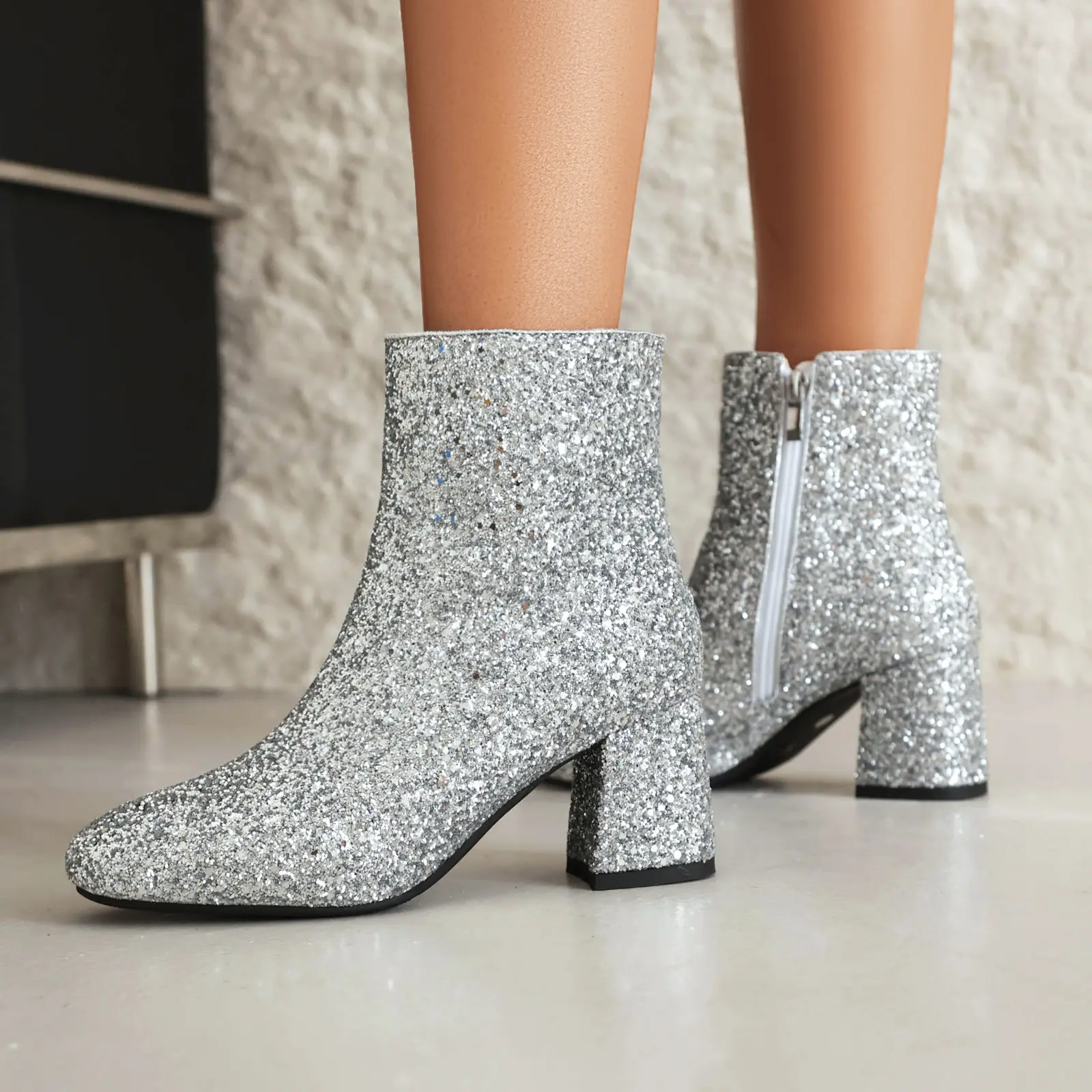 Women's Sparkly Sequin Glitter Dress Booties with a 2.5 inches/6.5cm Chunky Heel for Party & Bridal Events, Sequins, Round Toe, Block Heel, Rubber Sole Heels