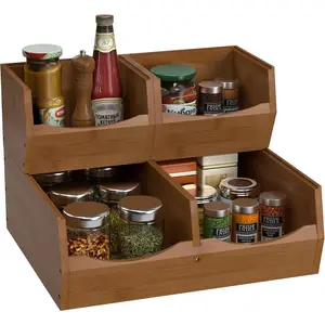 3 Set Bamboo Pantry Organizers and Storage, Rustic Open Front Vegetable Fruit Seasonings Stackable Storage Bins, Compact Stacking Storage Bins for Pantry, Bedroom, Office, Kitchen Counter Organizer