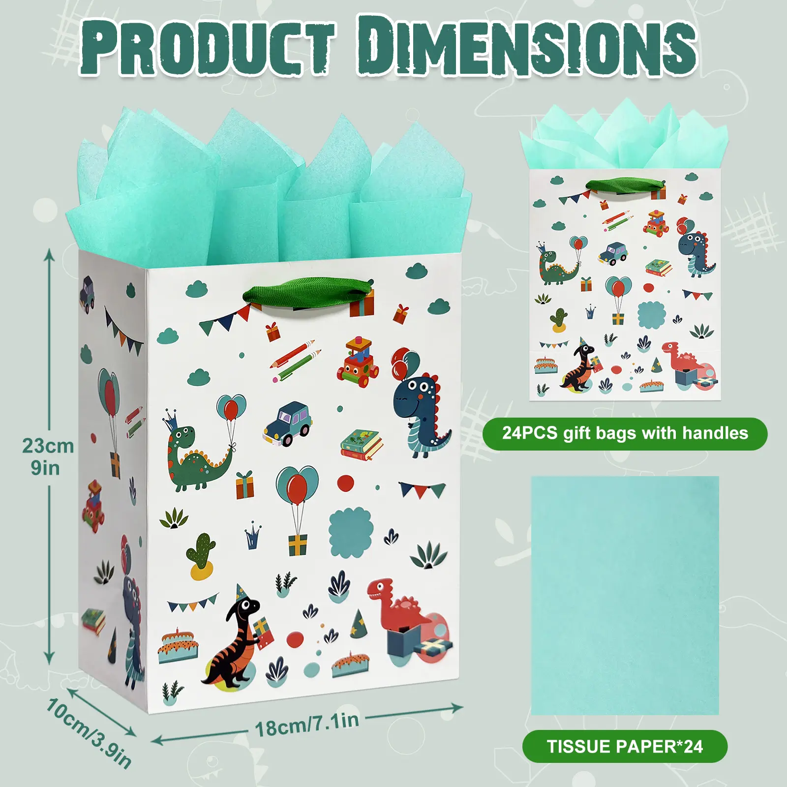 24Pack 9" Gift Bag Assembly Kit, featuring tissue paper liners and handles, with a unique jungle animal pattern design, perfect for birthdays, anniversaries, holidays, parties, and other occasions
