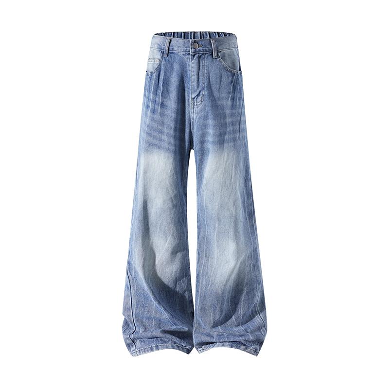 Men's Spring and Autumn Solid Color Vintage Washed Denim Pants, Loose Straight-Leg Workwear Casual Pants, Trendy New Floor-Length Jeans, Couple's Washed Wide-Leg Pants, Street Style Versatile Fashionable Men's Trousers, Men's Jeans Suitable for Everyday W