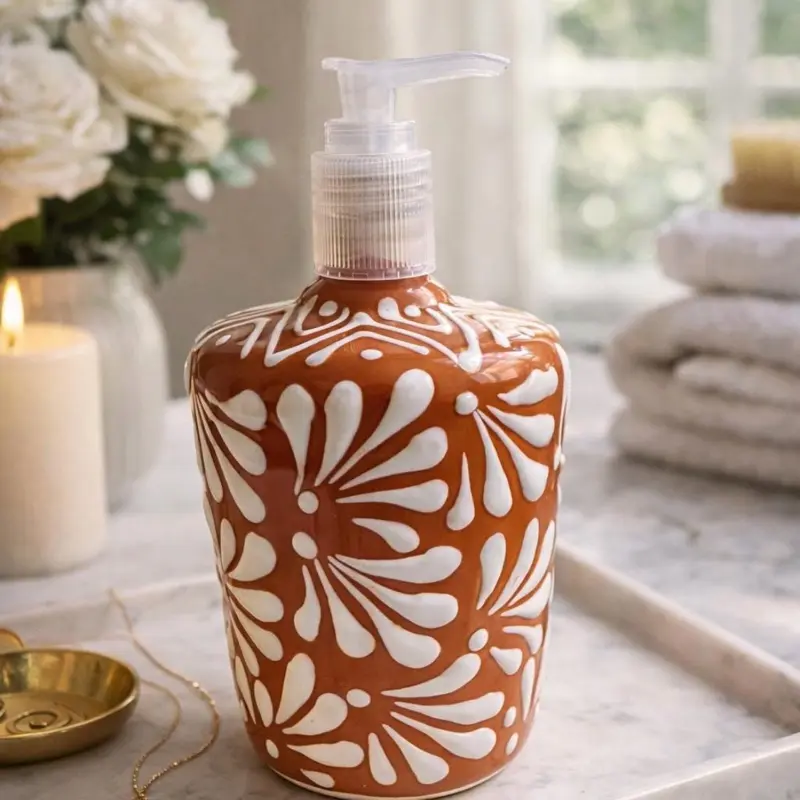 Handmade Talavera Soap Dispenser | Brown With White Floral Design