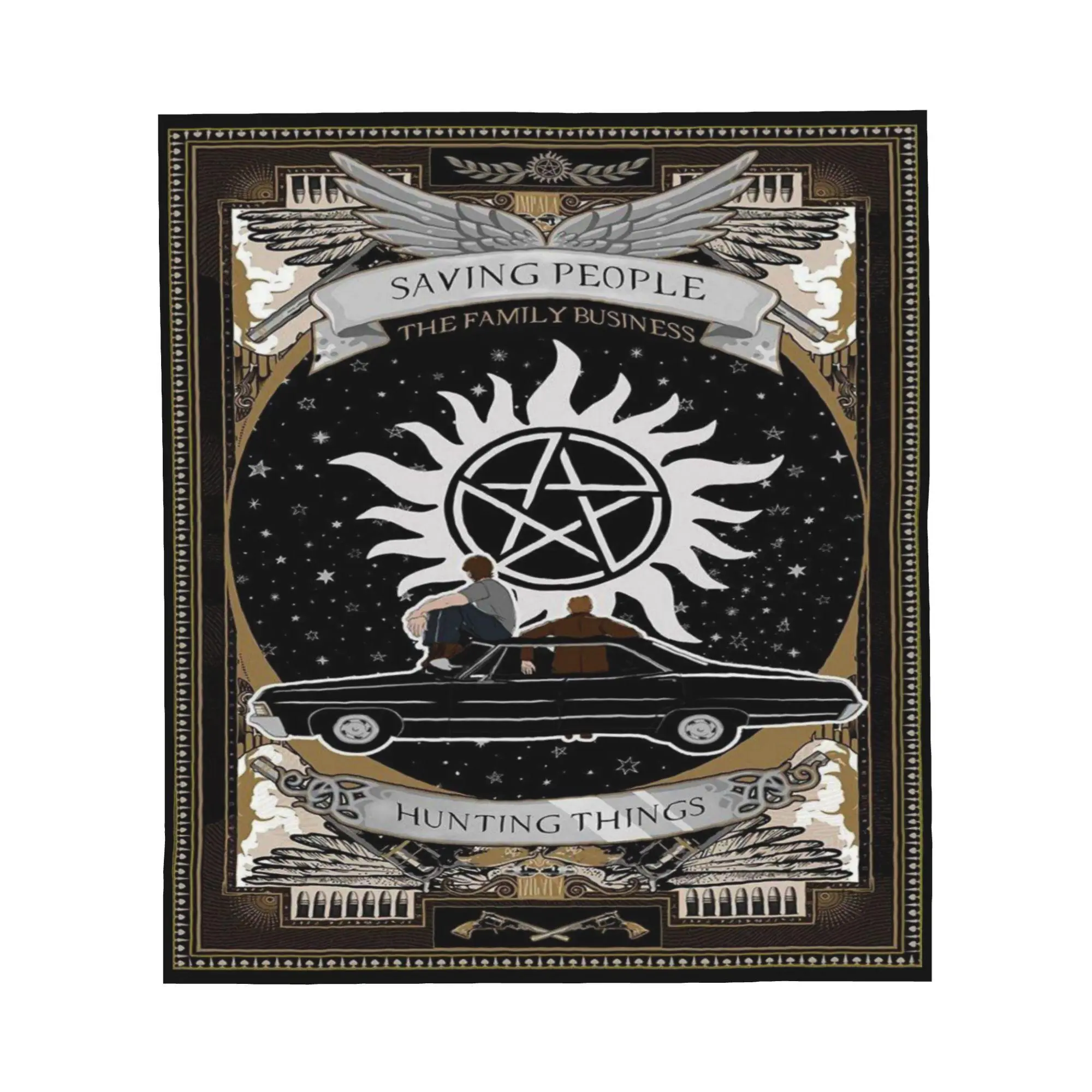 Supernatural Saving People Hunting Things Flannel Fleece Throw Blanket, Winchester Brothers Impala Car Pentagram Sun Symbol Print Soft Warm Bed Couch Blanket, Multiple Sizes Available, Ships From USA For Supernatural TV Show Fans