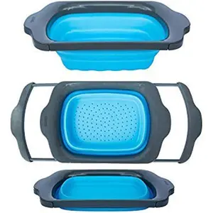 XL Large Kitchen Strainer - Collapsible Silicone Over - The-Sink Colander with Extendable Handles - Use with Pasta, Fruit, Berries & Veggie - 6 Quart - BlueGift