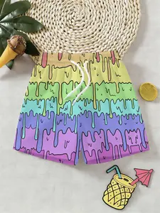 Boys' Gradient Drip 3D Printed Shorts Trunks, Summer Fashion Outdoor Sports Beach Pants, Breathable Comfortable Kids' Clothing, Birthday Gift, Summer Swimwear