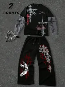 Unisex Fitted design, dark gothic style, features gothic patterns and cross-stitch motifs, lightweight, spring-to-autumn style, patchwork, retro-vintage long-sleeve T-shirt, Y2K style, suitable for streetwear, casual wear, men’s gifts