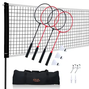 Complete Badminton Net Set For Outdoor Use - Portable Backyard Beach Park Court Kit With Poles, Carrying Bag, 4 Iron Rackets, 3 Nylon Shuttlecocks, Ground Stakes, Net Tension Ropes, Easy Assembly