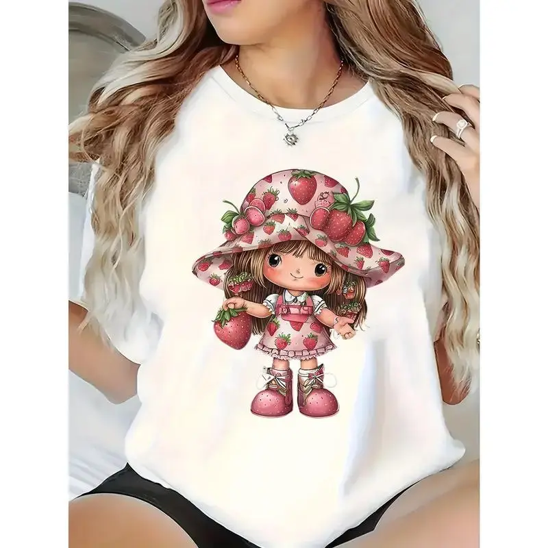 crewneck graphic tee 100%25 cotton t-shirt Women's Strawberry Girl Graphic Casual Summer Top