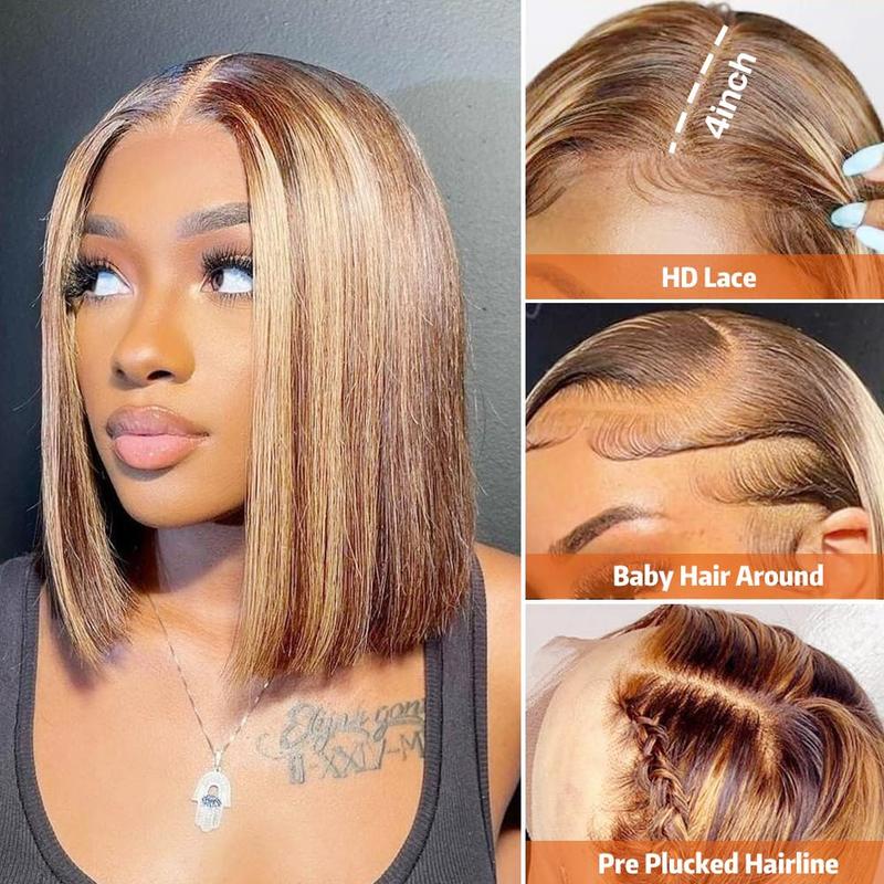 Ombre  Bob Wig Human Hair Highlight P4/27 13x4 HD Lace Frontal Straight Lace Front Bob Wigs for Black Women Human Hair Pre Plucked Pre Plucked with Baby Hair 180% Density Honey Blonde Wig Soft Bouncy No Smell Can Be Dyed Curled Restyled