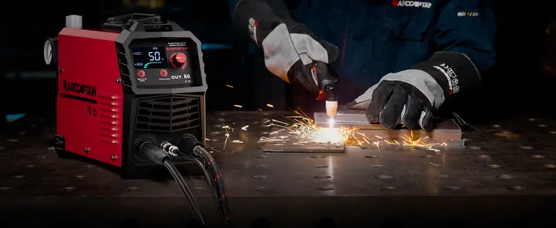 ARCCAPTAIN Plasma Cutter Welder, 50A 110/220V DC Inverter IGBT Machine, 2/3" Max Cut, 1/2" Clean Cut, 1/4 NPT Fitting, Large LED Display, 2T/4T Torch Modes, PT Adjustable, Smart Fan, Tools for Beginners DIY