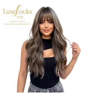 LuxeLocks NYC Cool Ash Brown Highlight Wig with Air Bangs Layered Soft Waves  Natural parting Dark Root Blend Beginner Friendly Adjustable Cap hairstyle high-temperature synthetic fiber heat resistant