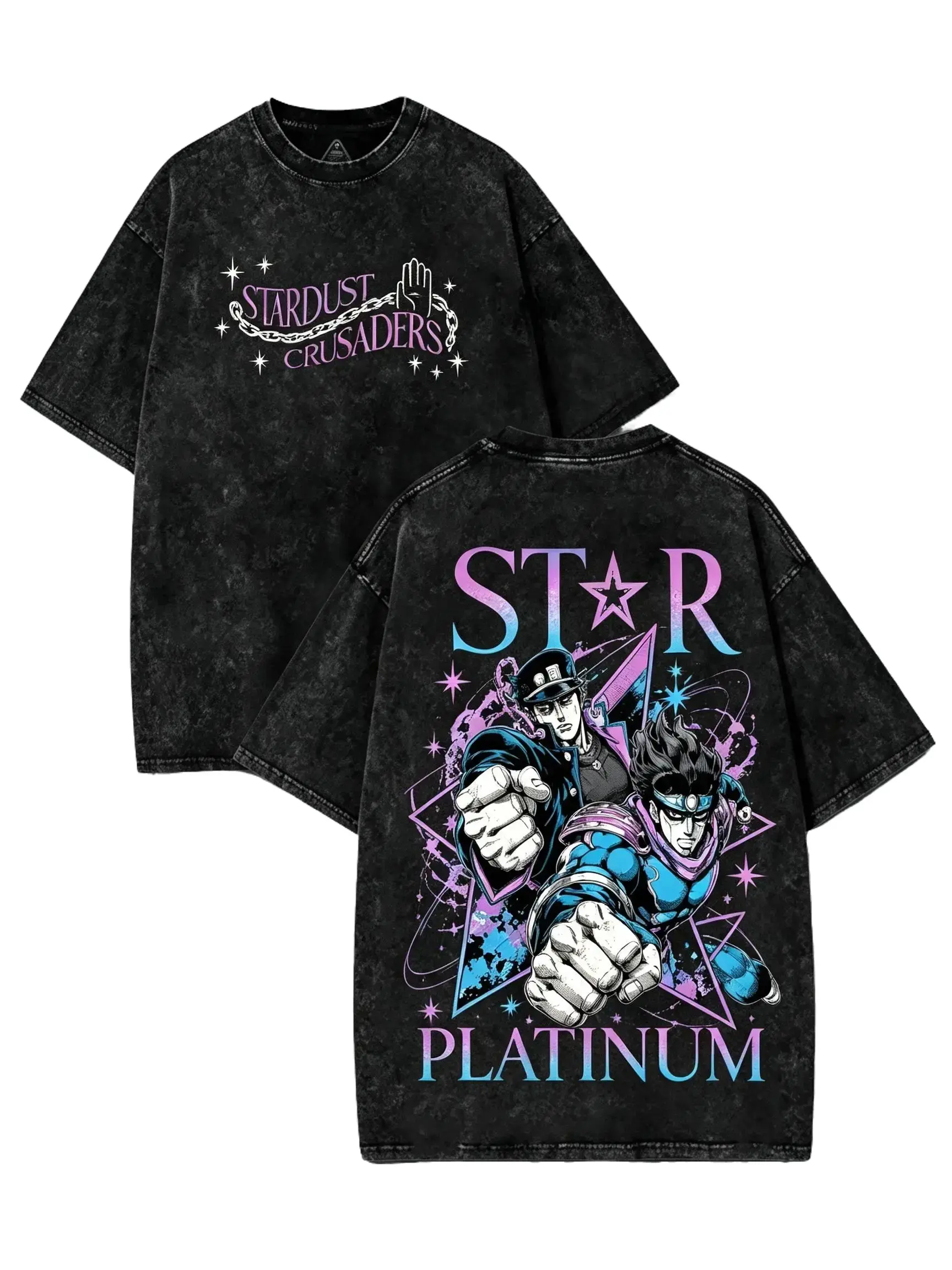 JoJo Stardust Crusaders Anime T Shirt Men Vintage Washed Oversized Graphic Tee Streetwear Retro Faded Cotton Short Sleeve Top Jotaro Kujo Star Platinum Print Shirt Y2K Fashion Casual Unisex Summer Outfit
