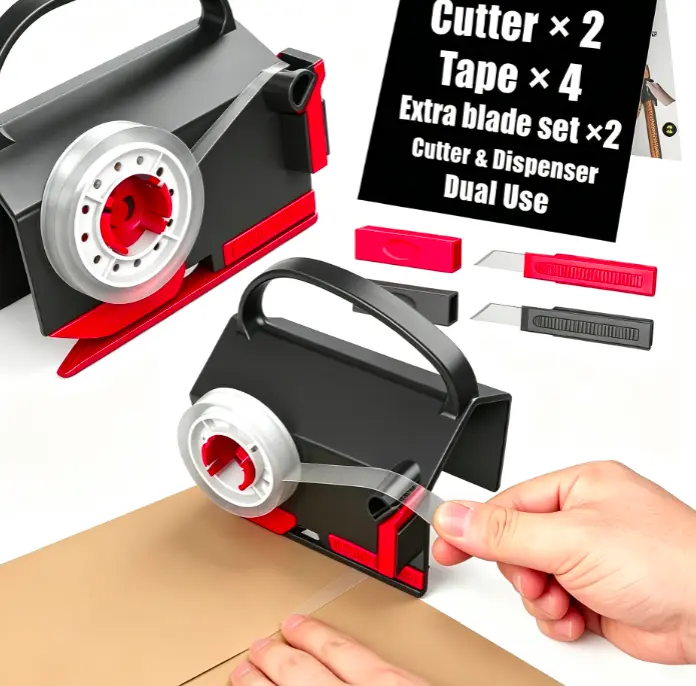 Tube paper cutter - dual-purpose packaging paper cutter and tape dispenser, including 2 rolls of tape and 1 replacement blade kit. Suitable for Christmas gift wrapping, birthday and holiday decorations.