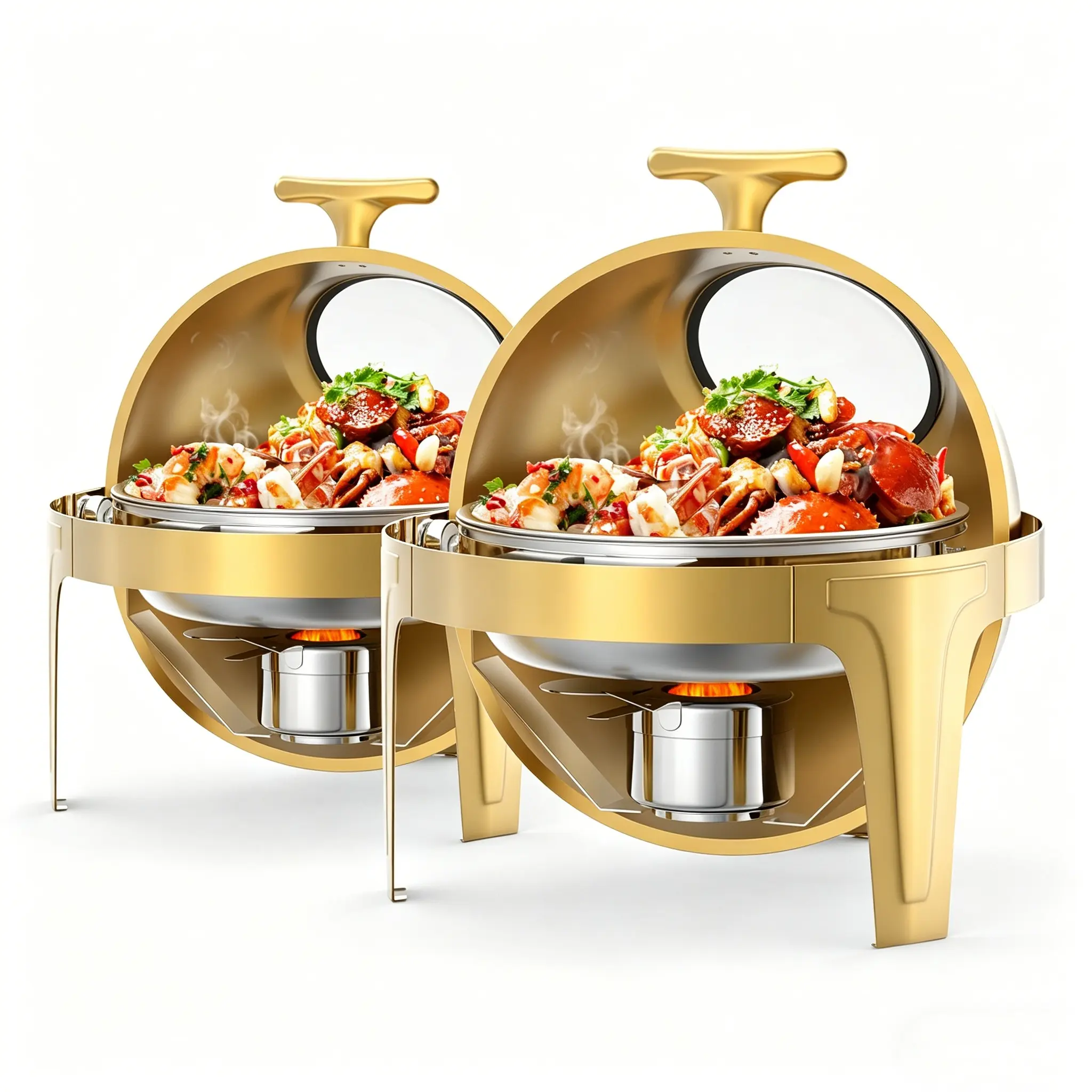 Set of 2 Gold Roll Top Chafing Dish Buffet Sets - 6.3 Qt Round Stainless Steel Food Warmers with Glass Window, Full Size Food Pan, Full Opening - Ideal for Buffet Events, Catering