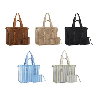 Miss Fong x MOMINSIDE Mesh Beach Bag, Large Folding Checkered Tote Bag with a Purse For Women, with Insulated Pockets, Hat&Towel Clips Shoulder Bag Handbag for Swim Pool Boat Travel Vacation, Durable Net Bag Everyday Bag For Grocery Shopping Gym Picnic ti