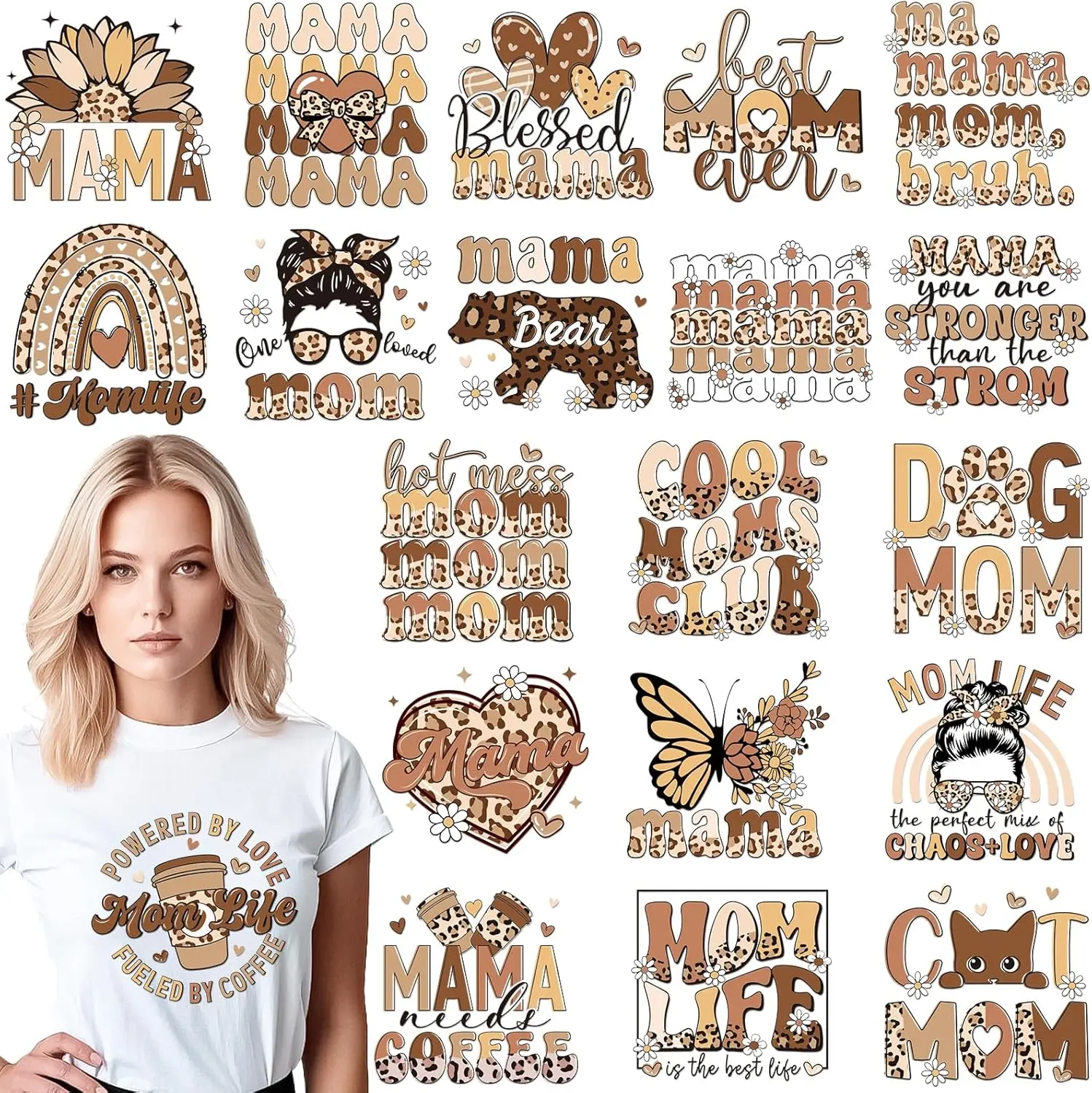 Mother's Day Transfer Stickers - 20 Sheets Mama Iron on Transfers Ready to Press Heat Patches Vinyl DTF Decals for T Shirts Clothes DIY Crafts Women Clothing Bag Appliques Pillow Decorations