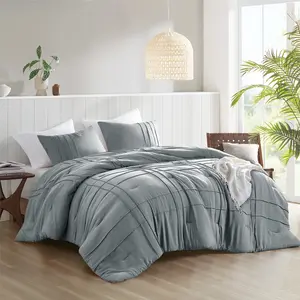 Main Street Pinch Pleat Grid Comforter Set,1 comforter, 2 Shams , Oeko-Tex Certified, Machine Washable, Ultra-Soft,Cloud-like