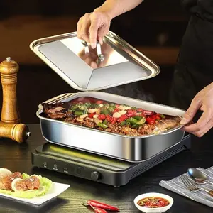 1set Stainless Steel Baking Pan  Extra-Large Stainless Steel Baking Pan with Lid - Non-Stick, Thickened Rectangular Oven Tray - Perfect for BBQs, Buffets & Holidays