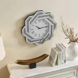 20" Large Wall Clock,  Silver Mirrored Wall Clock with Roman Numerals, Crushed Diamond Mirrored Wall Clock,Elegant Beveled Glass Frame Wall Clocks Decor for Living Room, Bedroom & Dining Room