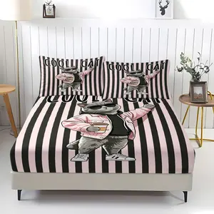 Cute and handsome cat pattern printed bed sheet, including 1 bed sheet and 2 pillowcases, anti slip dust cover suitable for bedrooms and guest rooms, suitable for personal use or gift giving