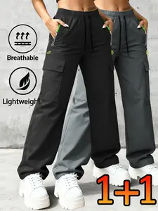 2-pack women’s plus-size lightweight cargo pants for spring/autumn, solid color, casual fashion style, drawstring waist with large patch pockets, suitable for outdoor sports, everyday outfits, etc.