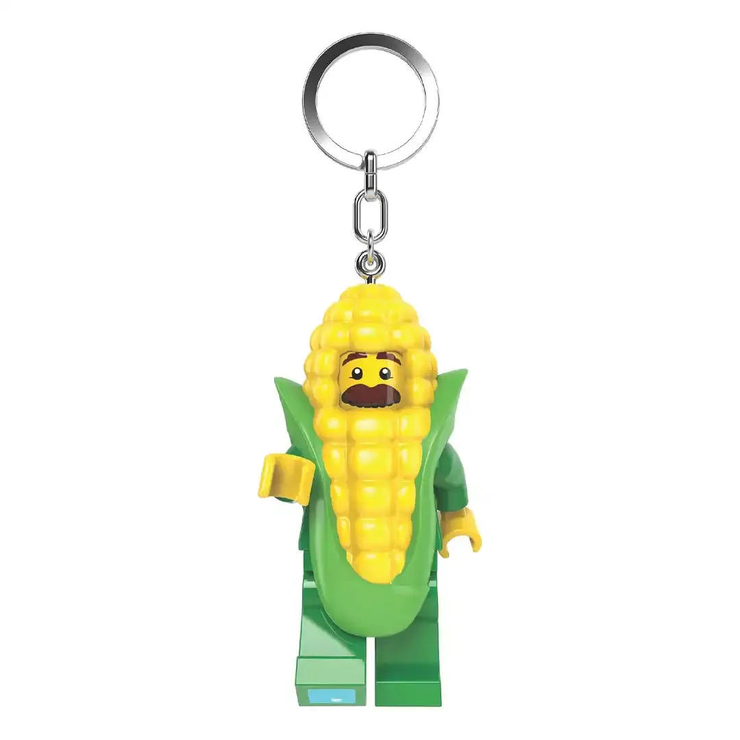 LEGO Minifigures Corn Cob Guy Keychain Flashlight, Fashion Costume Jewelry Accessory, LED Lights, Push Button, 175% Scale, Portable, 2 x CR2025 Batteries, Approx. 3 in Tall, Cute Keychains