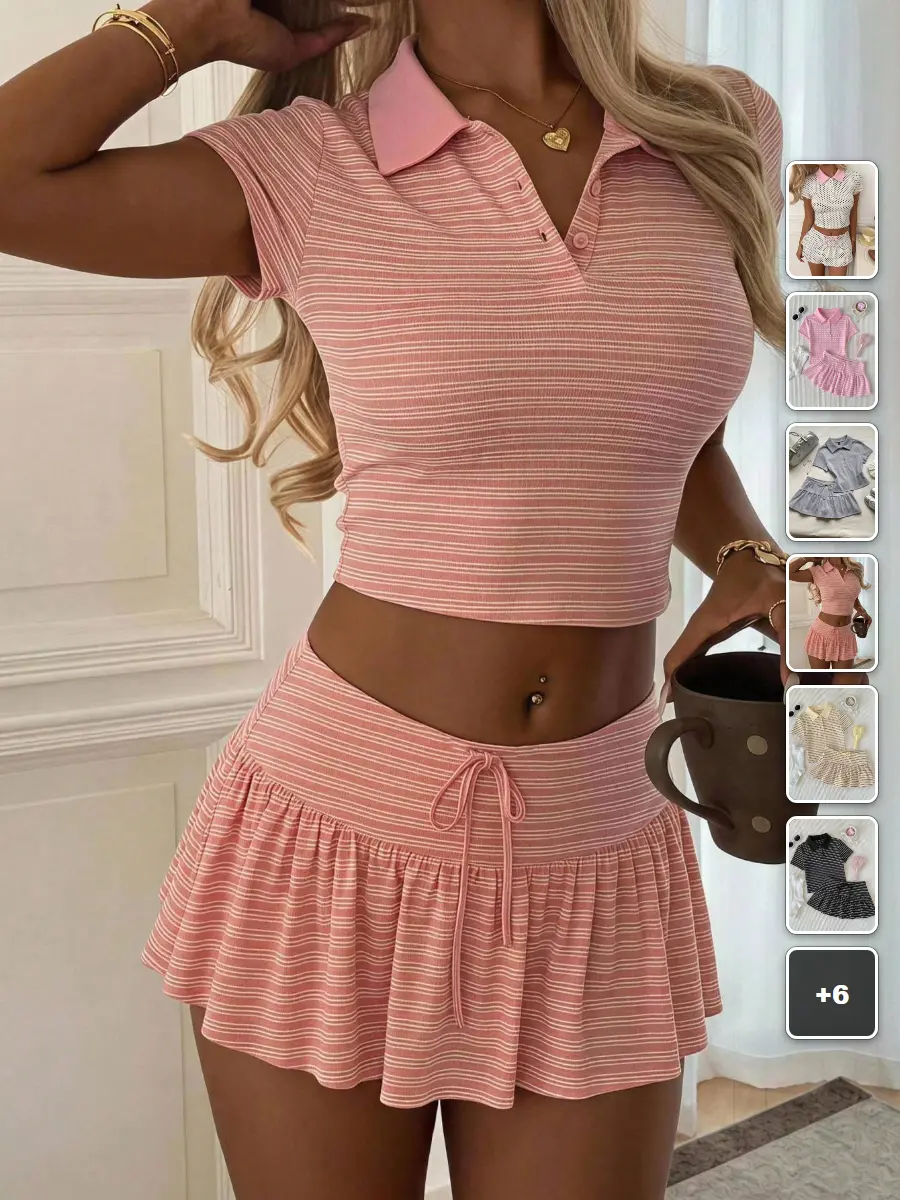 Skort Set Polka Dot Print Short Sleeve Drawstring Waist Summer Brunch Outfit