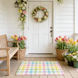 Easter Door Mat with Colorful Plaid Design, Checkered Rug, No Fuzzy Rug, Easter Gift, Holiday Home Decor Carpet, Holiday Decoration, Suitable for Entryway, Hallway, Bedroom, Living Room