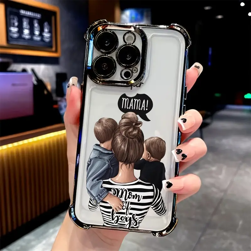 Mom and Baby Boy Pattern Four Corner Anti-Fall Phone Case Transparent Electroplated Protective Cover for IPhone 17 Pro Max 16 Plus 15 14 13 12 11 E