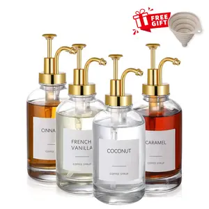 A Set 4 Pcs Coffee Syrup Dispenser Glass Bottles with Pump 16.9oz For Coffee Bar, Coffee Syrup Pump Dispenser Glass Bottle, Coffee Bar Accessories