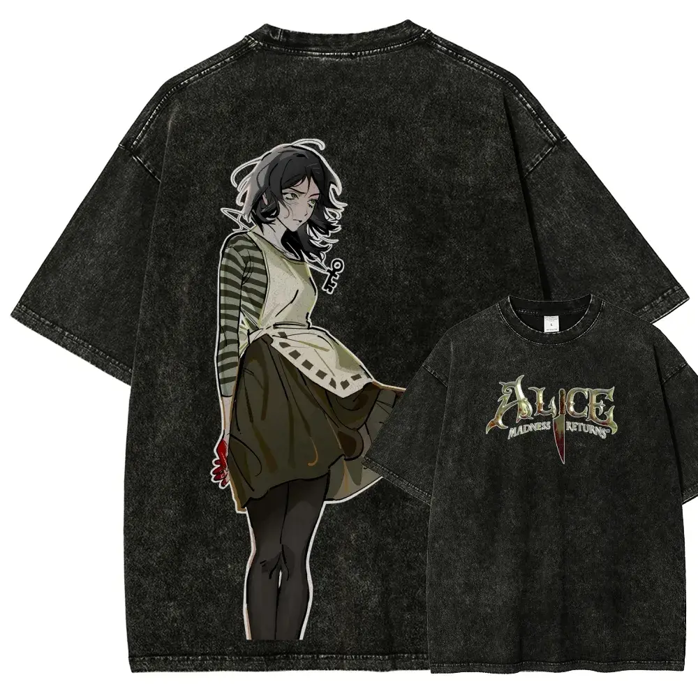 Alice Madness Returns Inspired Anime Girl Graphic Washed Black T Shirt, Dark Fantasy Alice Character Artwork Print Oversized Vintage Tee, 100% Cotton Gothic Streetwear Top, Retro Gaming Style Shirt for Fans & Casual Wear